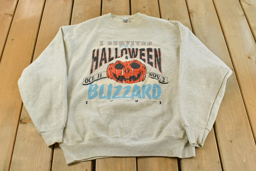 Vintage 1990s I Survived Halloween Blizzard Crewneck Sweatshirt Mens XL  90s Crewneck  Halloween Pumpkin Sweater  Made in USA