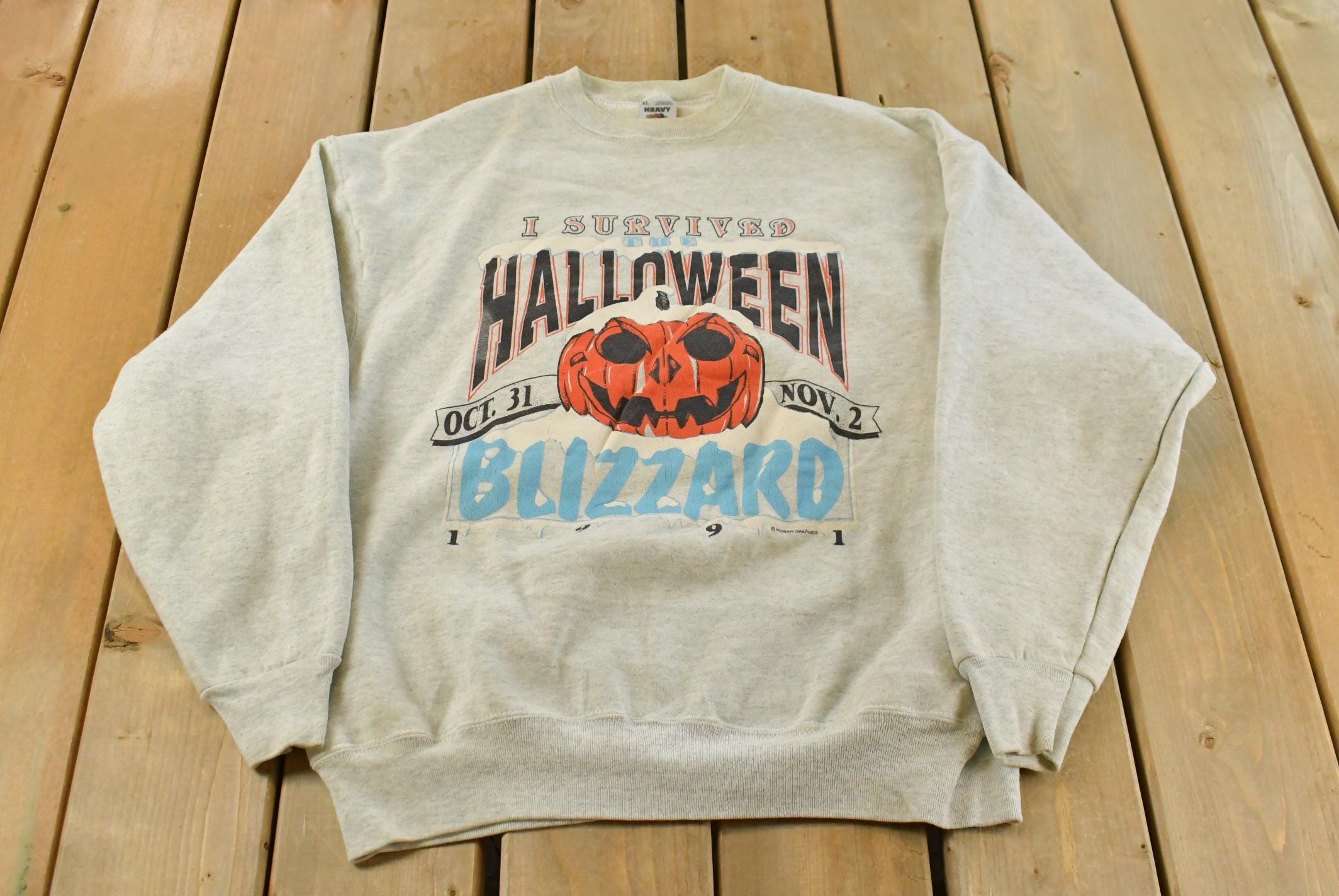 Vintage 1990s I Survived Halloween Blizzard Crewneck Sweatshirt Mens XL  90s Crewneck  Halloween Pumpkin Sweater  Made in USA