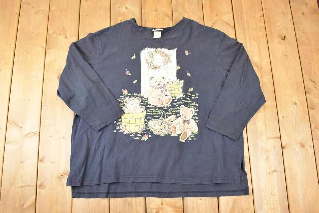 Vintage 1990s Fashion Bug Cute Teddy Bear Picnic Graphic Print Long Sleeve T Shirt Women's XXL