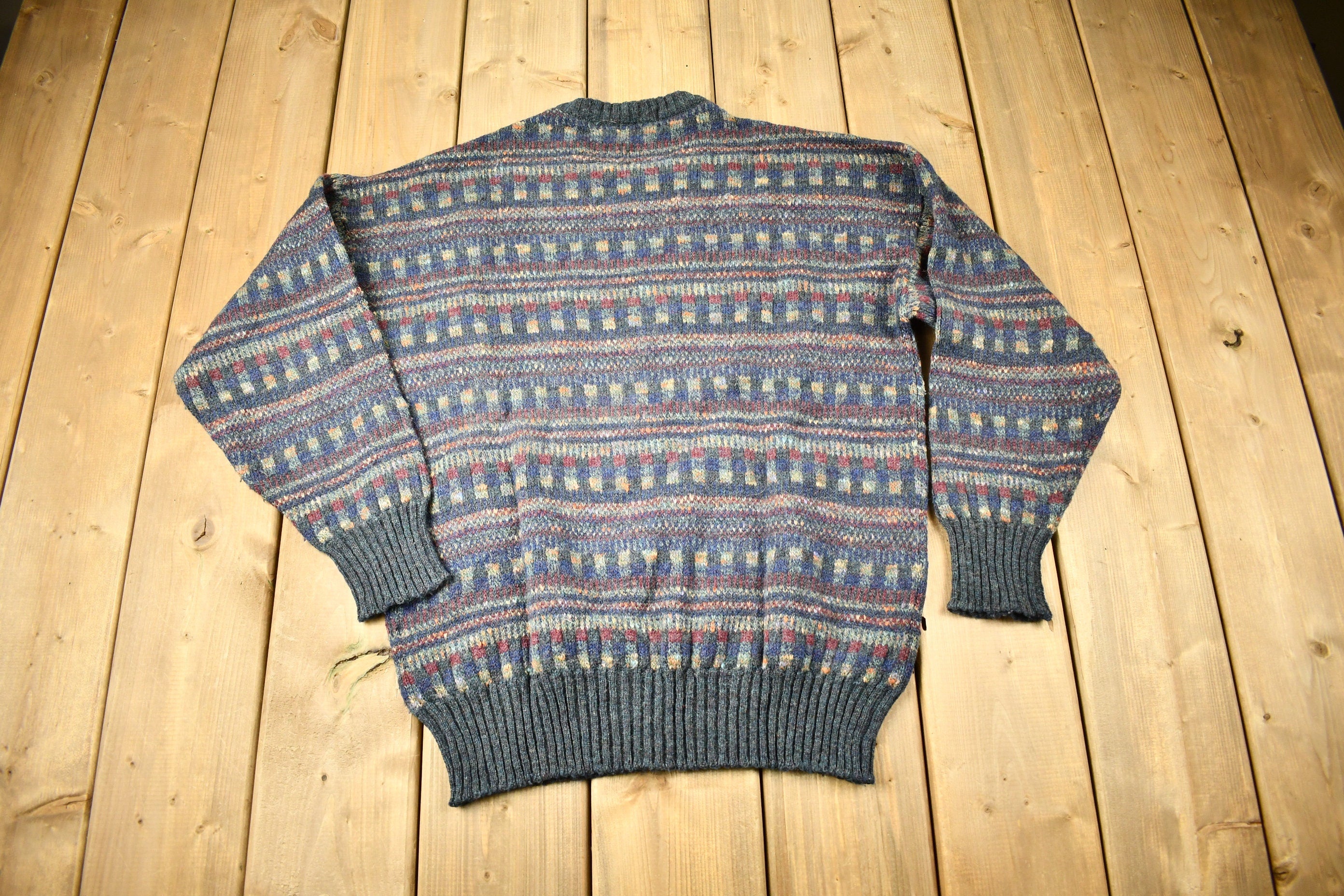 Vintage 1990s Geometric Wool Knitted Crewneck Sweater