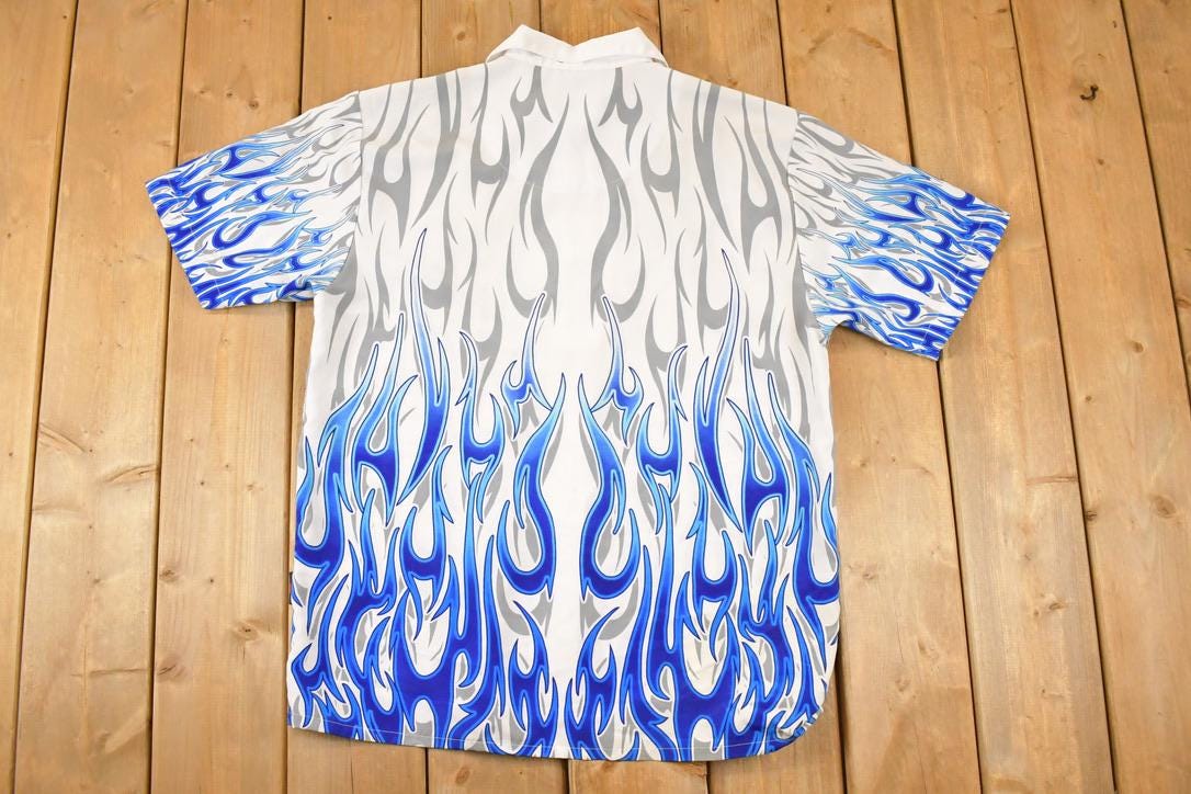 Vintage 1990s Flames AOP Rock Button Up Shirt Men's XL