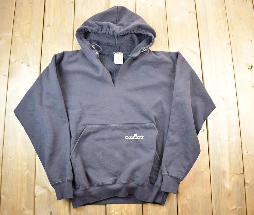 Vintage Distressed Black Blank Carhartt Fleece Lined Hoodie Sweatshirt