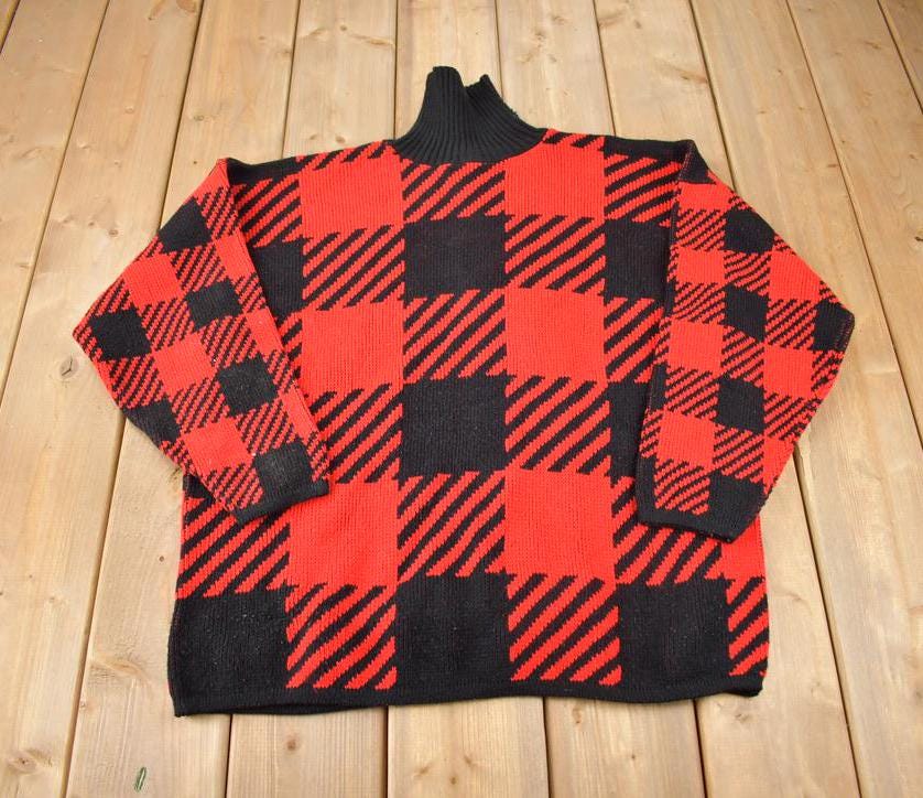 Vintage 1980s Traffic Jam Buffalo Plaid Turtle Neck Sweater