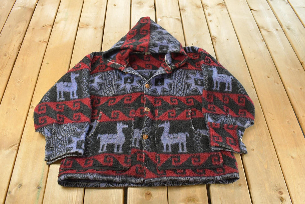 Vintage 1980s Ecuador Native Wool Hand Knit Hoodie Sweater Men's XL