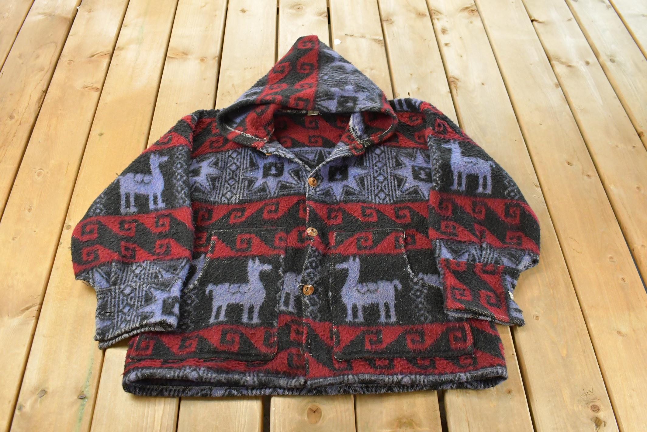 Vintage 1980s Ecuador Native Wool Hand Knit Hoodie Sweater Men's XL