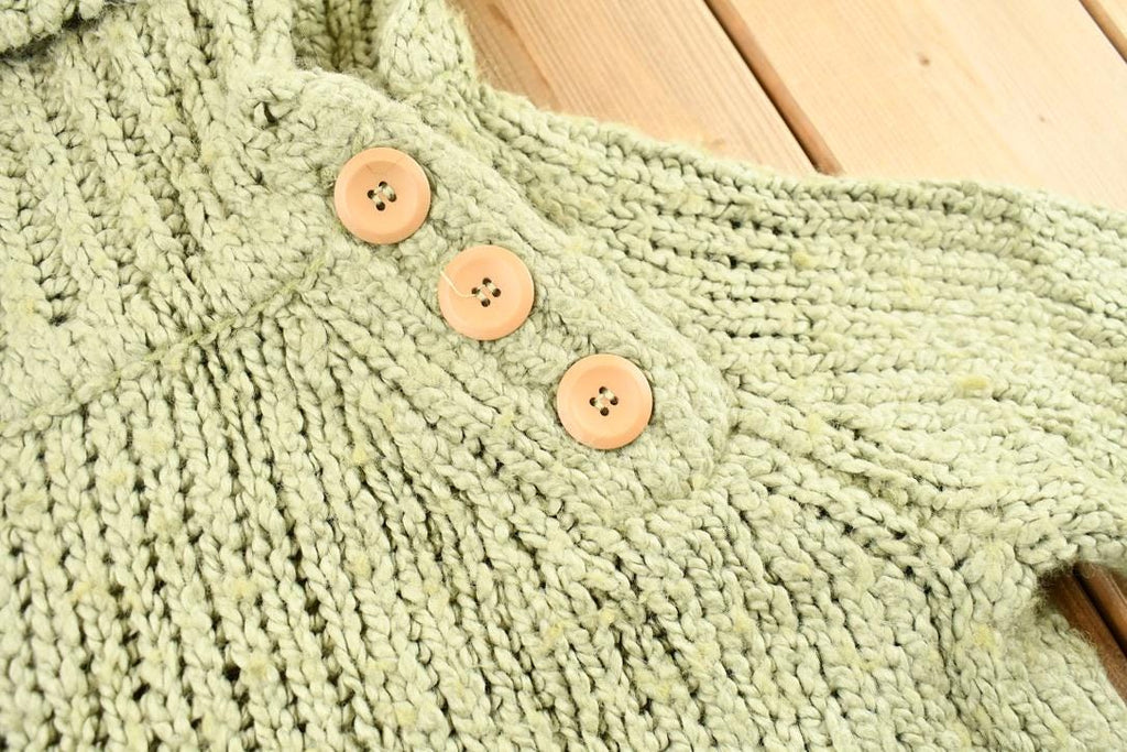 Vintage 1990s Women's Sage Green Kenzie Button Detail Ribbed Chunky Knit Mock Neck Sweater