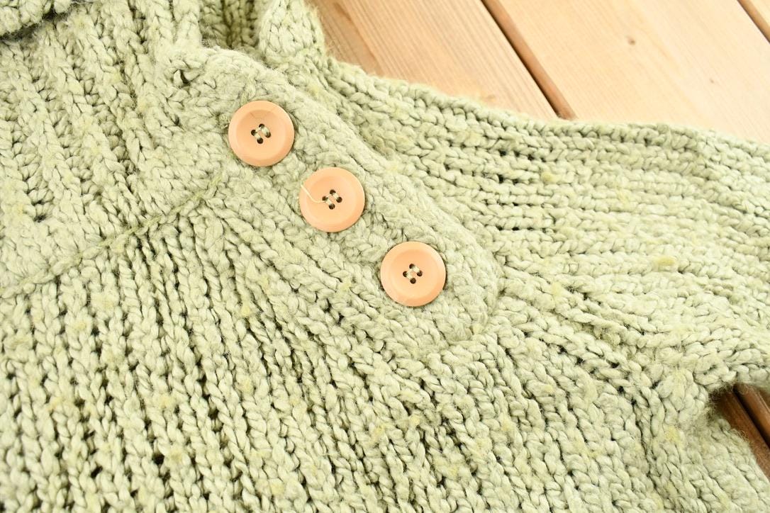 Vintage 1990s Women's Sage Green Kenzie Button Detail Ribbed Chunky Knit Mock Neck Sweater