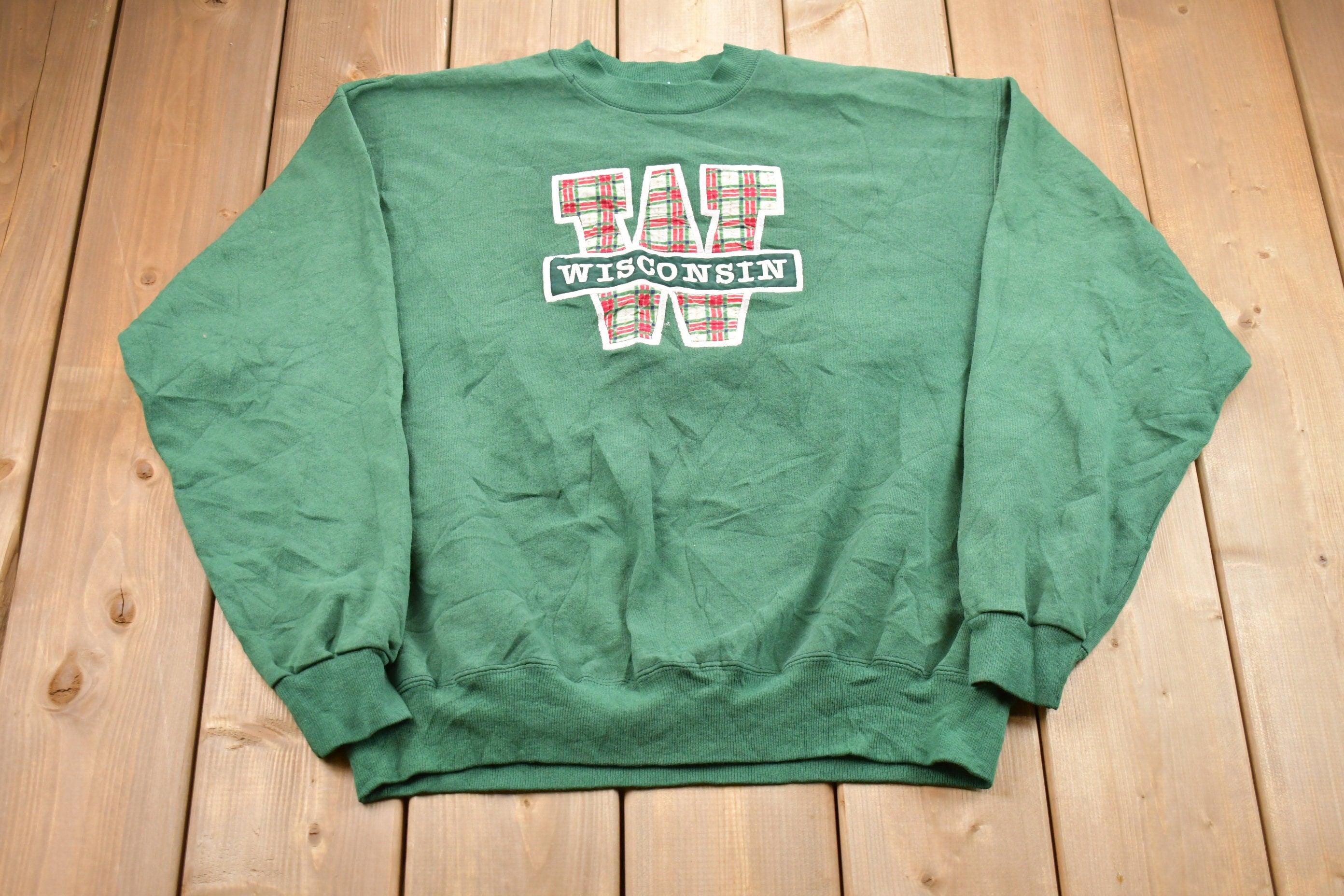 Vintage 1990s Wisconsin Plaid Embroidered Crewneck Sweatshirt