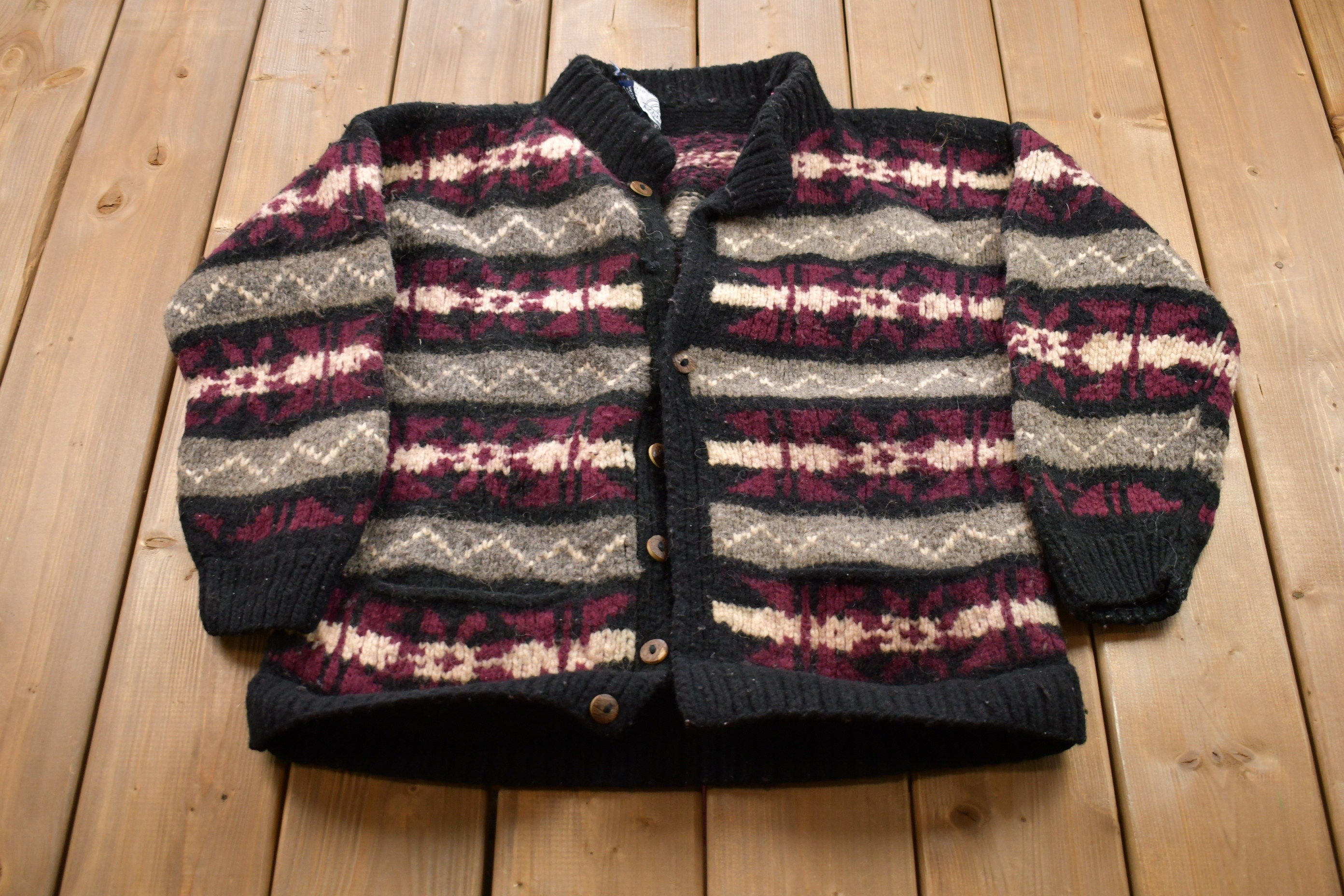 Vintage 1990s Artesania All Over Print Knitted Cardigan Sweater