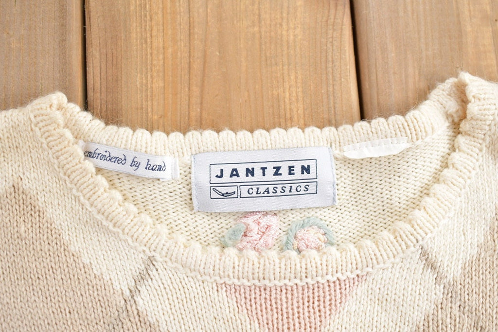 Vintage 1990s Jantzen Hand Embroidered Argyle Crewneck Sweater