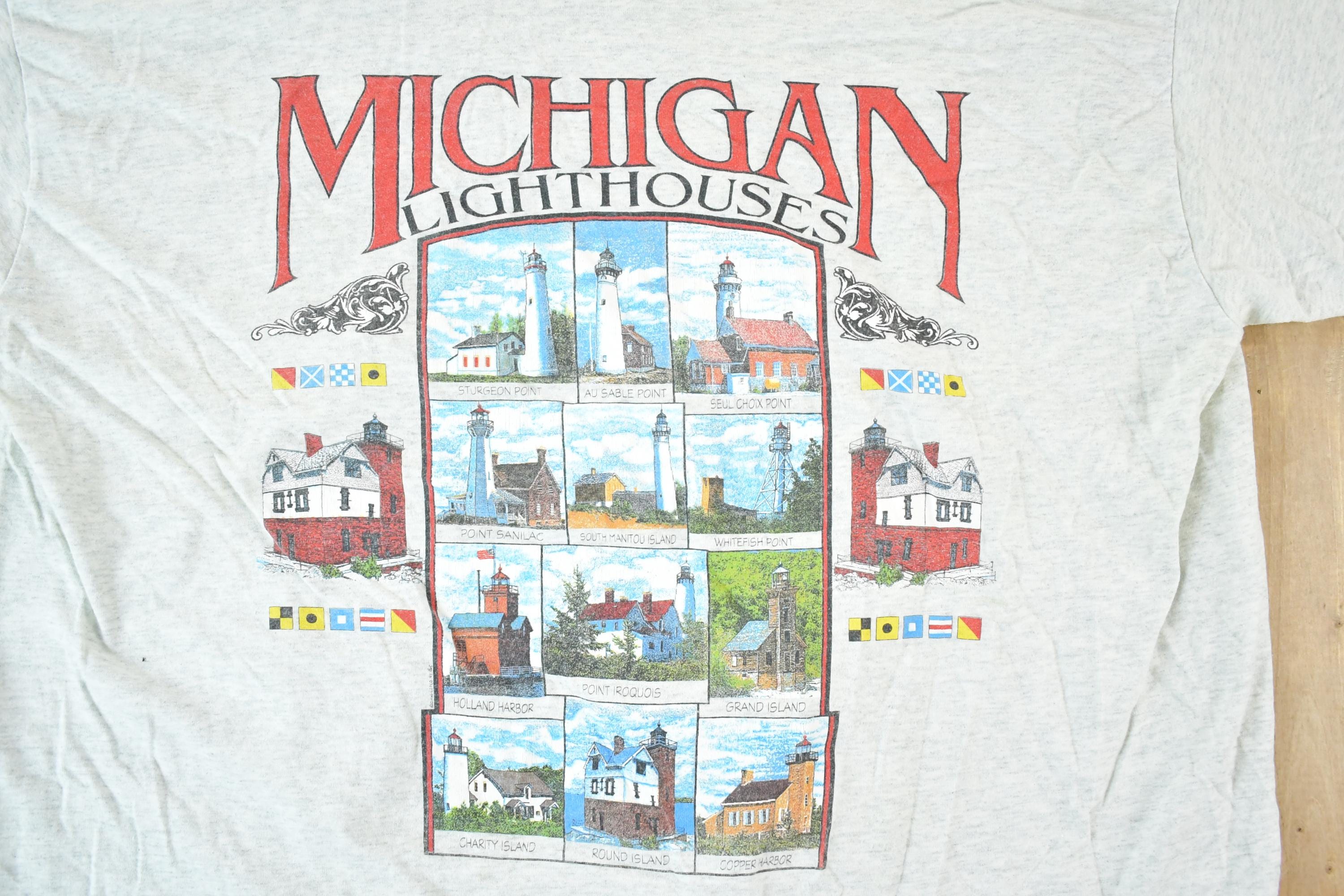 Vintage 1990s Michigan Lighthouses Souvenir T-Shirt Men's XL / Made In USA / Vintage Vacation Tee / Rare Destination Tee / Summer Shirt