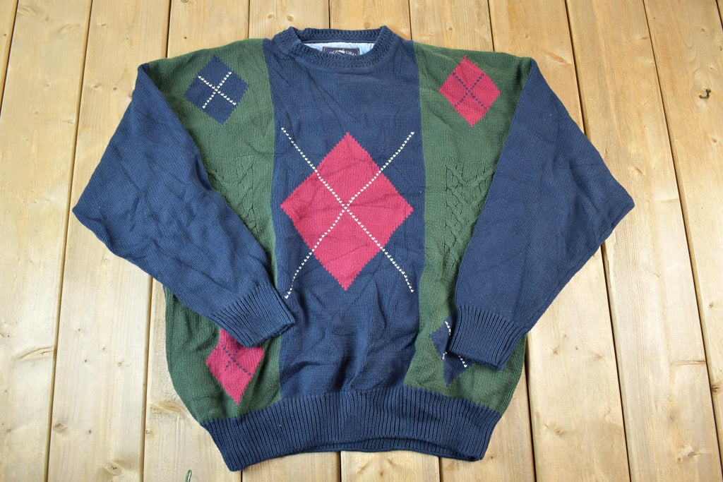 Vintage 1990s Woods And Grey Argyle Knit Abstract Pattern 100% Cotton Crewneck Sweater