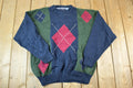 Vintage 1990s Woods And Grey Argyle Knit Abstract Pattern 100% Cotton Crewneck Sweater