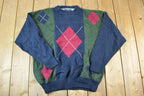 Vintage 1990s Woods And Grey Argyle Knit Abstract Pattern 100% Cotton Crewneck Sweater