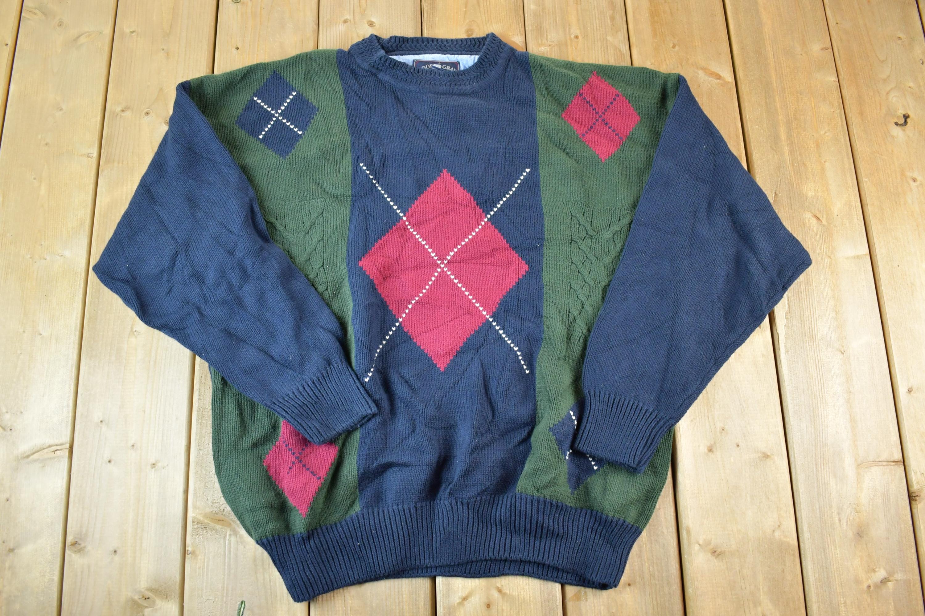 Vintage 1990s Woods And Grey Argyle Knit Abstract Pattern 100% Cotton Crewneck Sweater