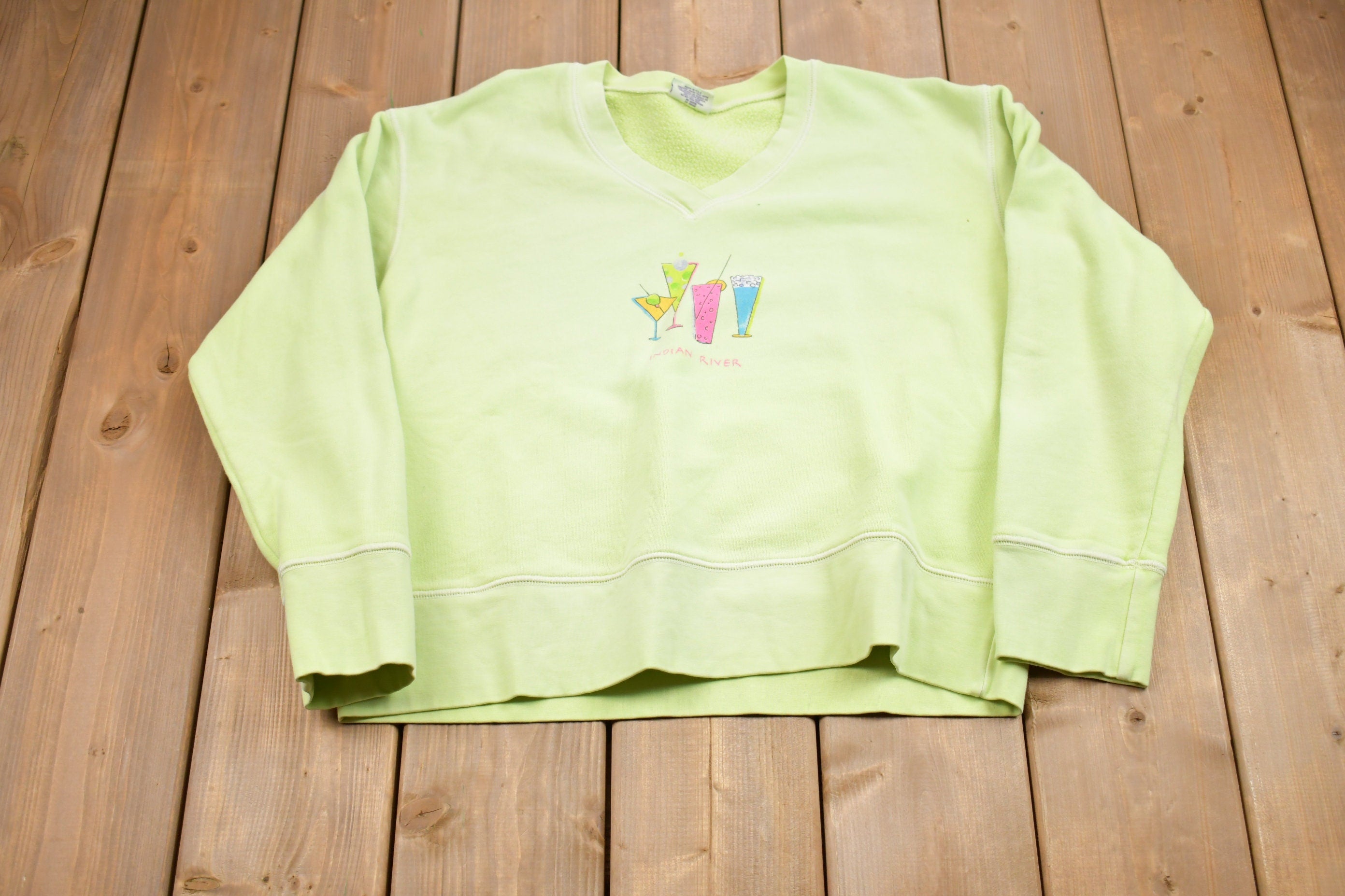 Vintage 1990s Indian River Crewneck  Indian River  Drinking Print  Alcohol Bar Print  V-Neck Pullover Sweatshirt  Made In USA