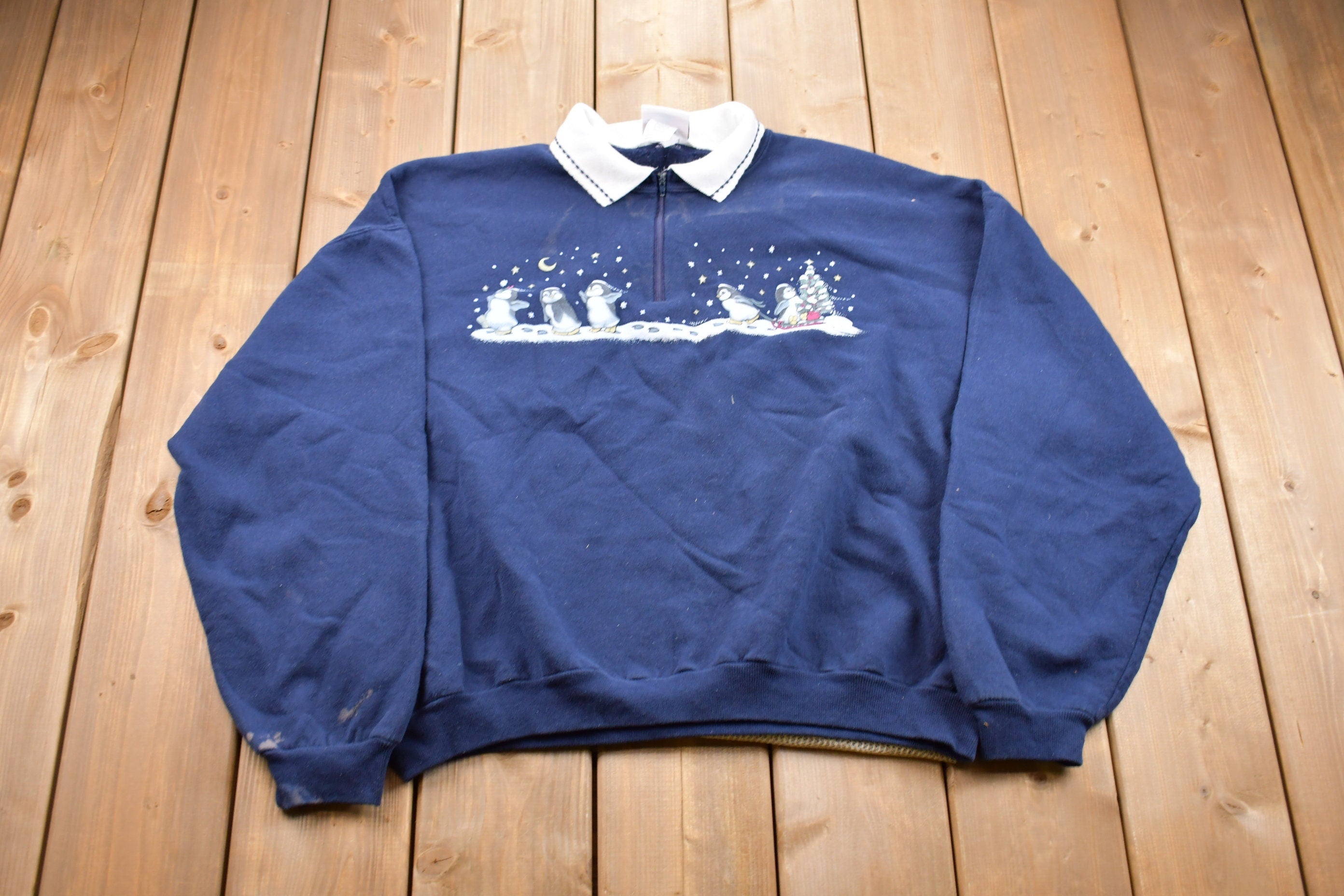 Vintage 1990s Morning Sun Cute Penguin Collared Quarter Zip Sweatshirt