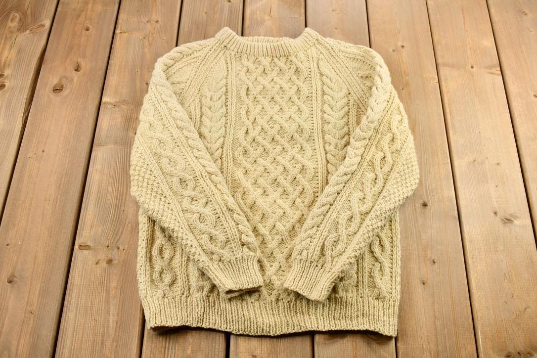 Vintage 1990s White 3D Cable Knit Crewneck Sweater