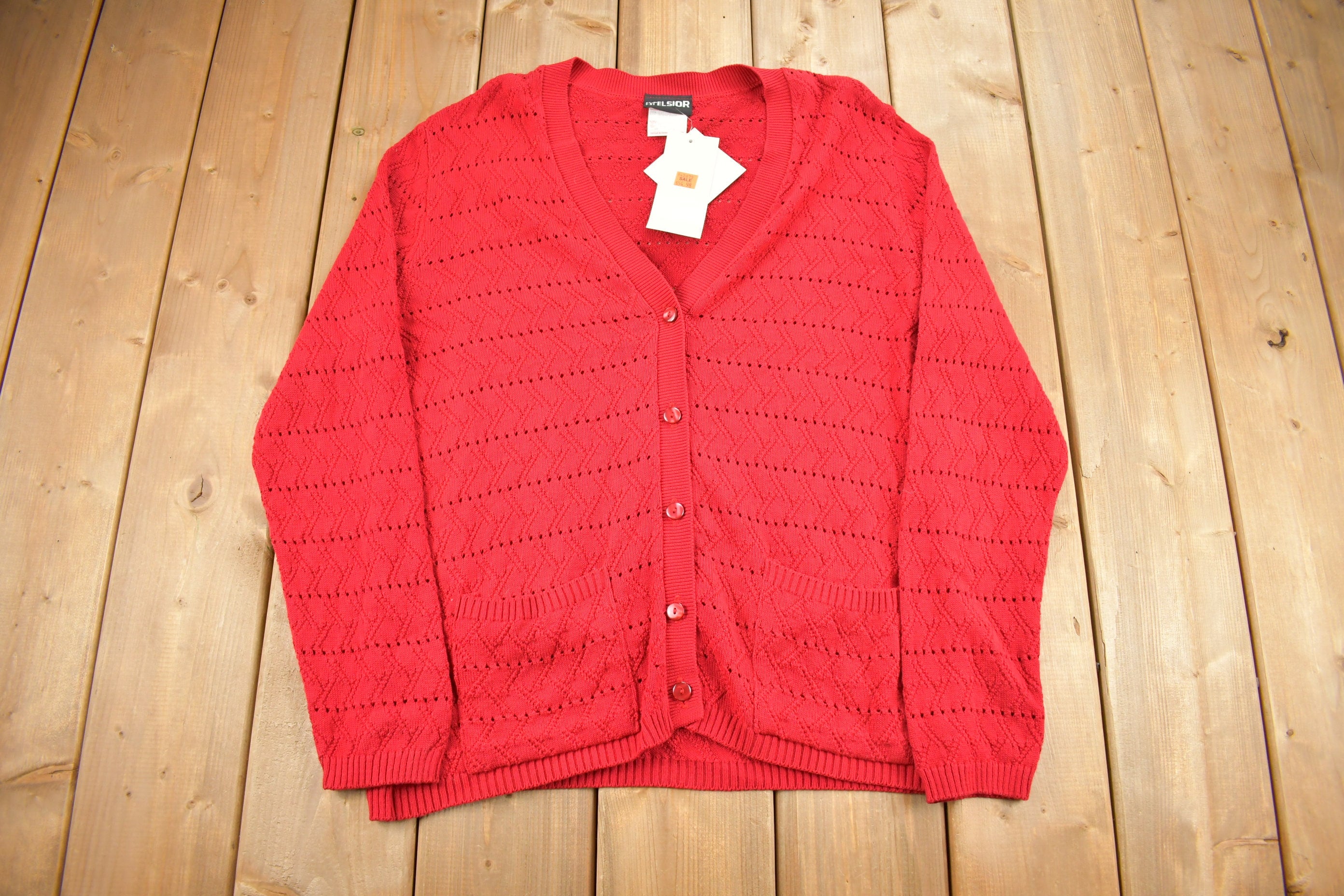 Vintage 1990s Excelsior Red Knit Cardigan Sweater