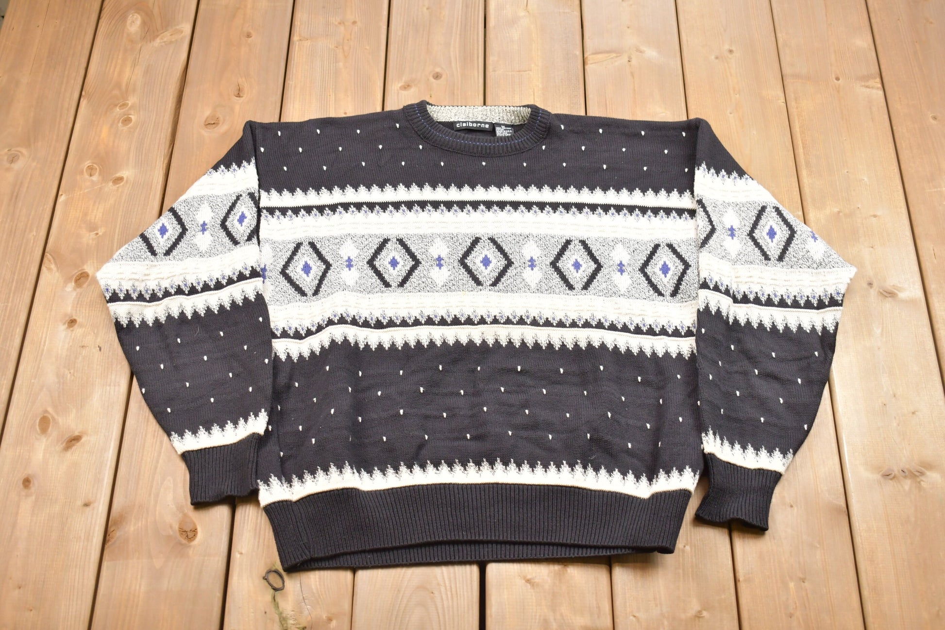 Vintage Claiborne Knitted Sweater / Made in USA / Vintage 90s Crewneck / Pattern Sweater / Outdoor / Pullover Sweatshirt