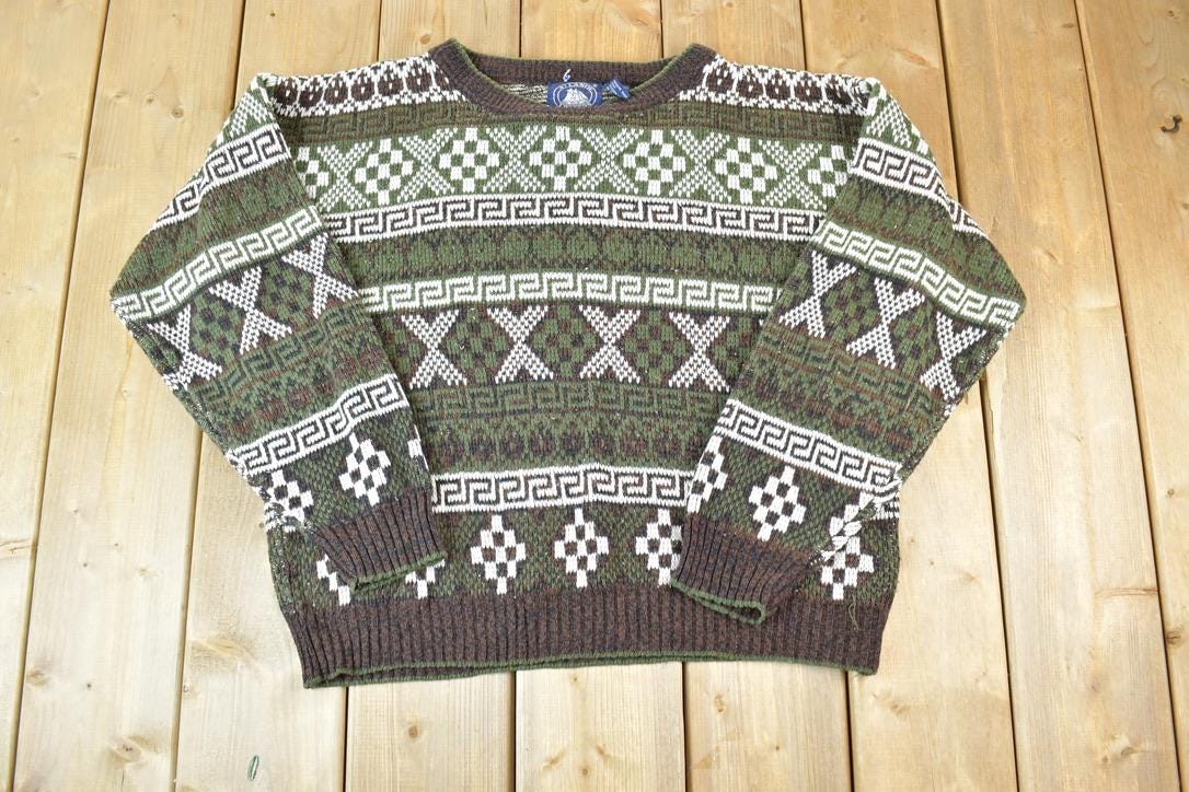 Vintage 1990s Atlantic Traders Knit Abstract Pattern Crewneck Sweater Made In 90s Crewneck /