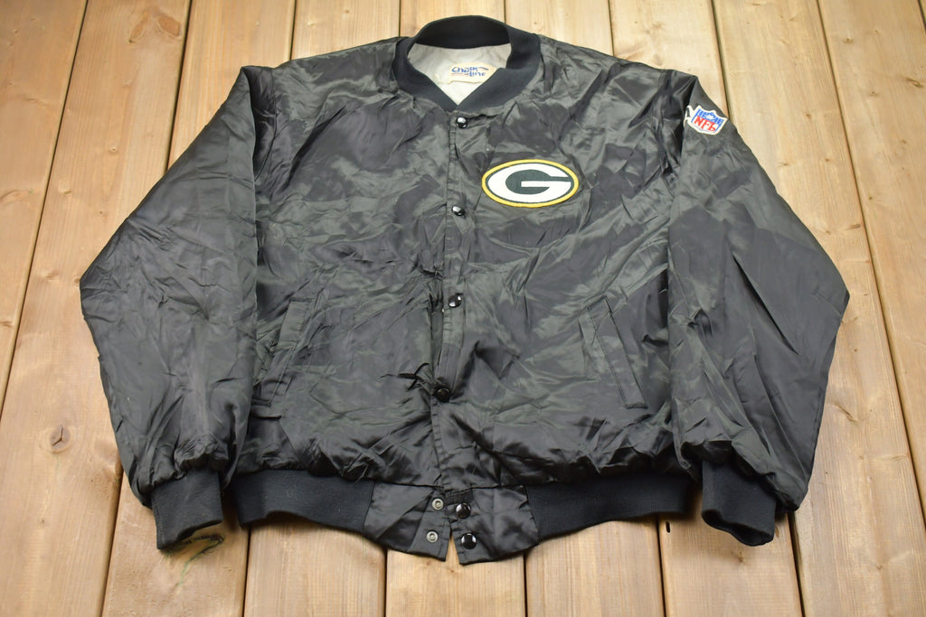 Vintage 1980s Green Bay Packers NFL Chalkline Satin Bomber Jacket