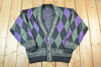Vintage 1990s Bachrach Wool Blend Argyle Print Knit Cardigan Sweater Mens M