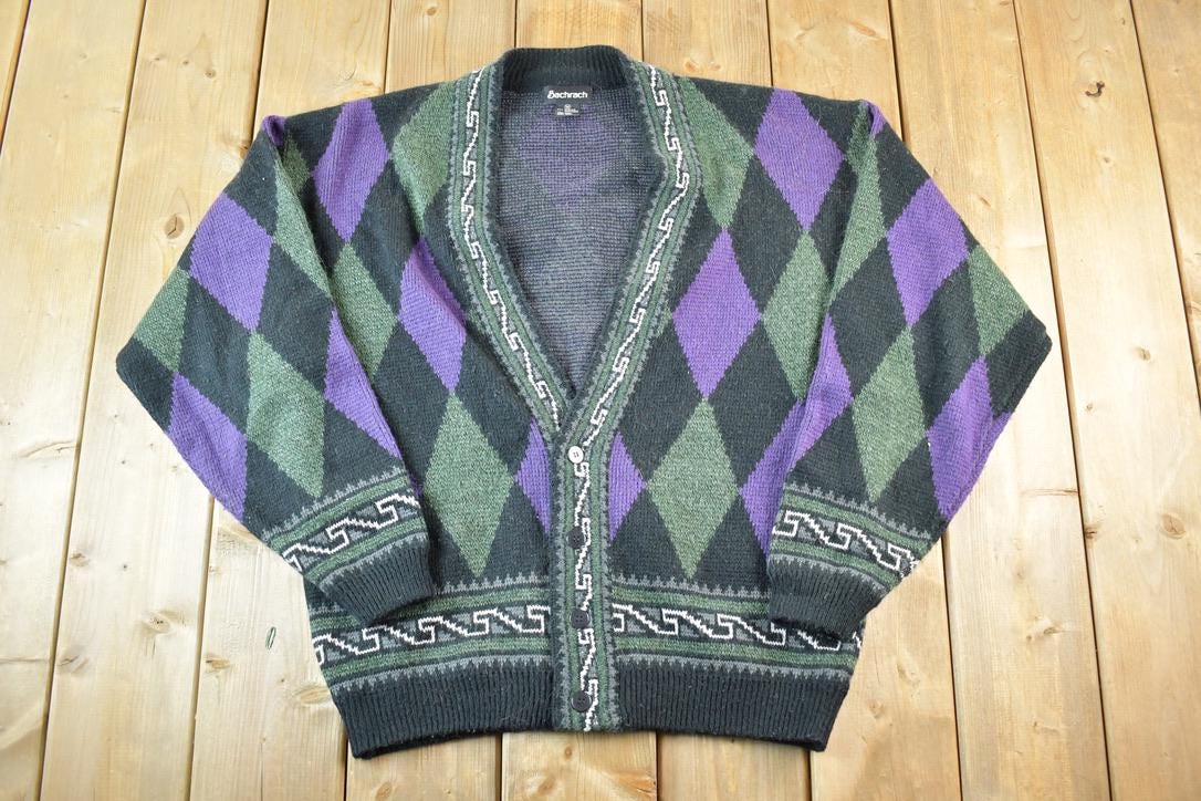 Vintage 1990s Bachrach Wool Blend Argyle Print Knit Cardigan Sweater Mens M