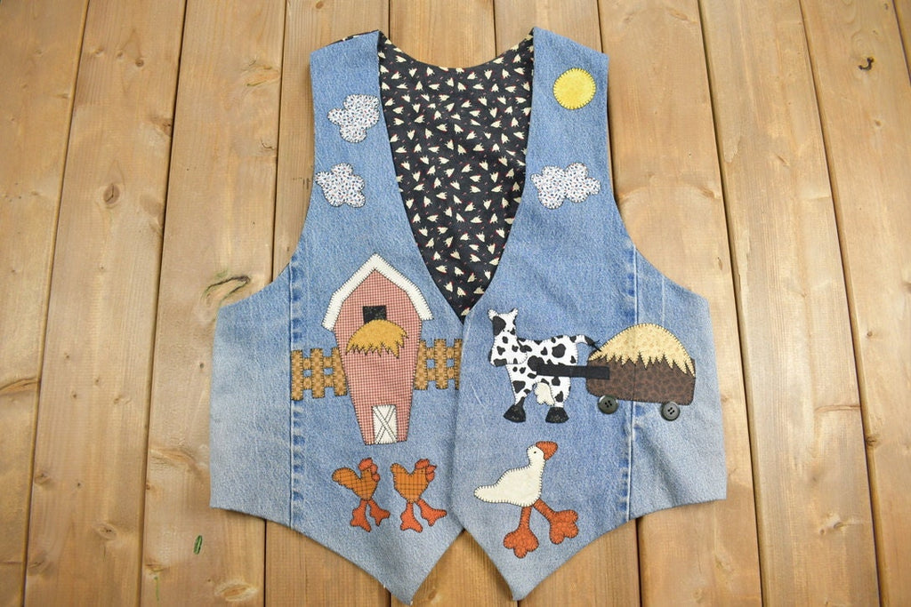 Vintage 1990s Farm Barnyard Scene Embroidered Denim Vest