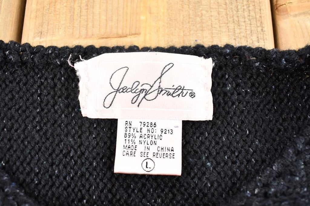 Vintage 1990s Jaclyn Smith Short Sleeve Black Floral Knit Crewneck Sweater