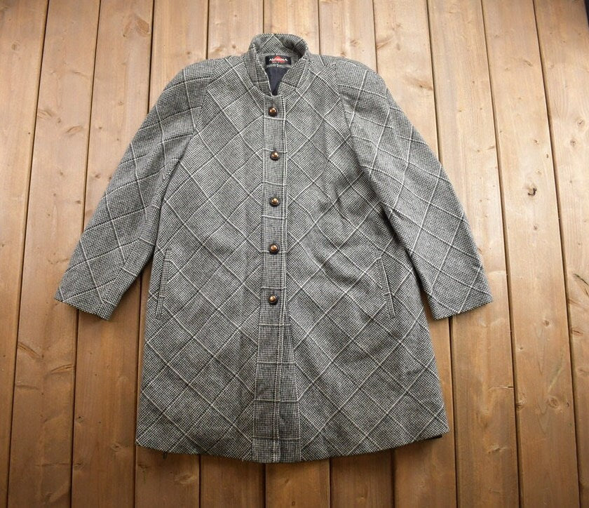 Vintage 1980s Tweed Houndstooth Wool Long Coat /