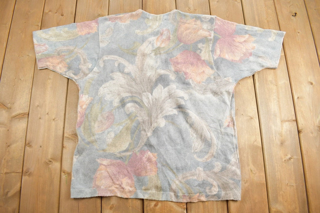 Vintage 1990s Floral Gabriella T Knitted Cardigan Sweater Short Sleeve