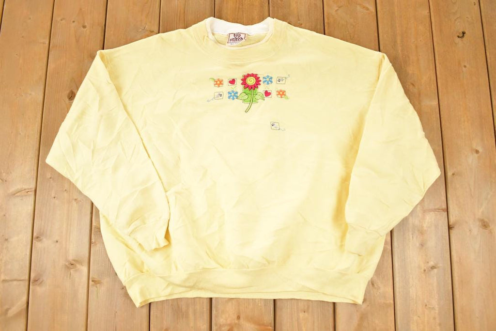 Vintage 1990s Top Stitch Embroidered Floral Double Collar Crewneck Sweatshirt Women's XL