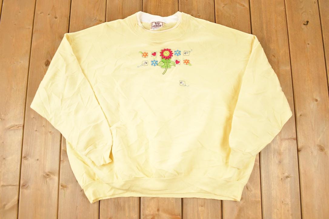 Vintage 1990s Top Stitch Embroidered Floral Double Collar Crewneck Sweatshirt Women's XL