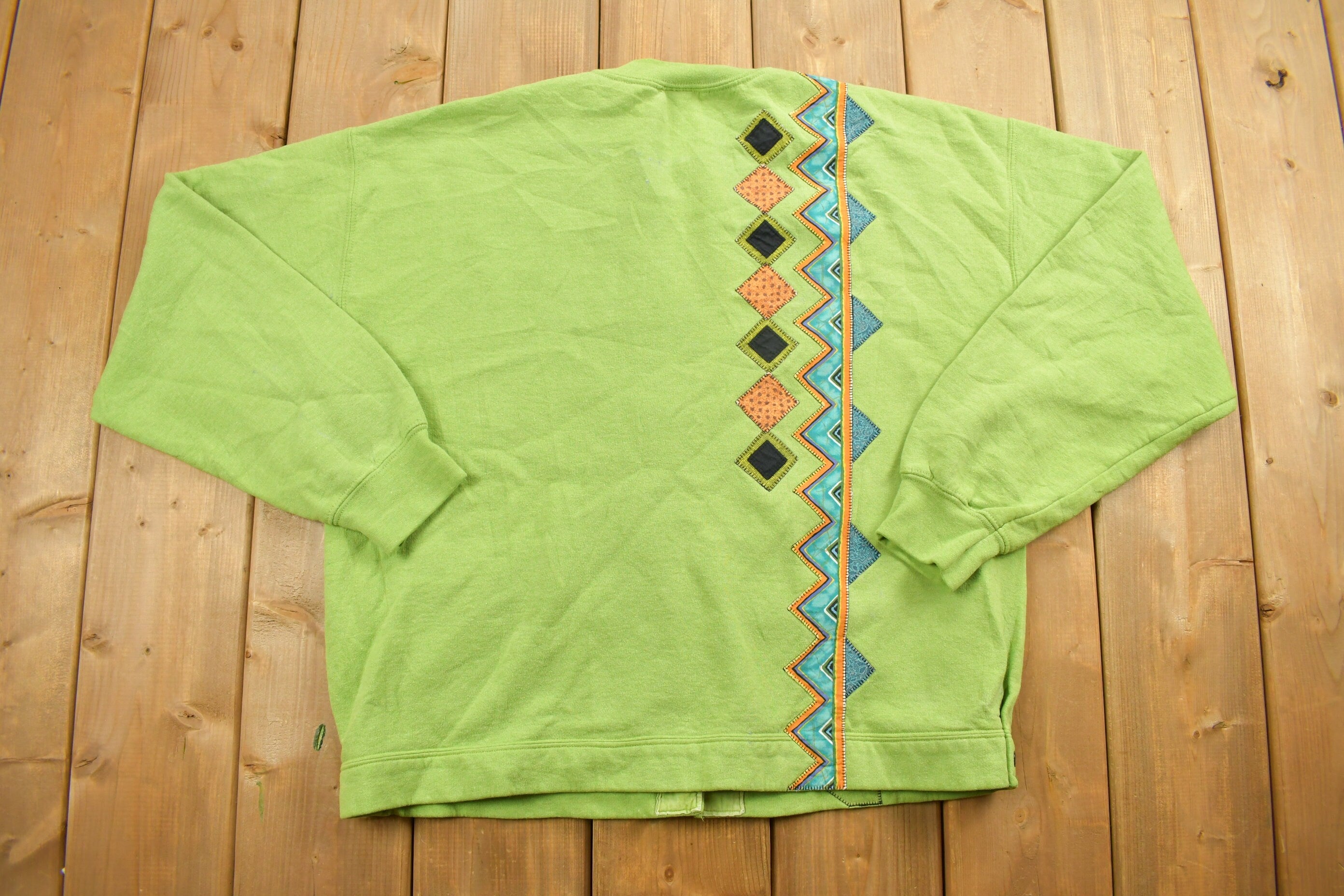 Vintage 1990s Abstract Green Embroidered Cardigan Sweater
