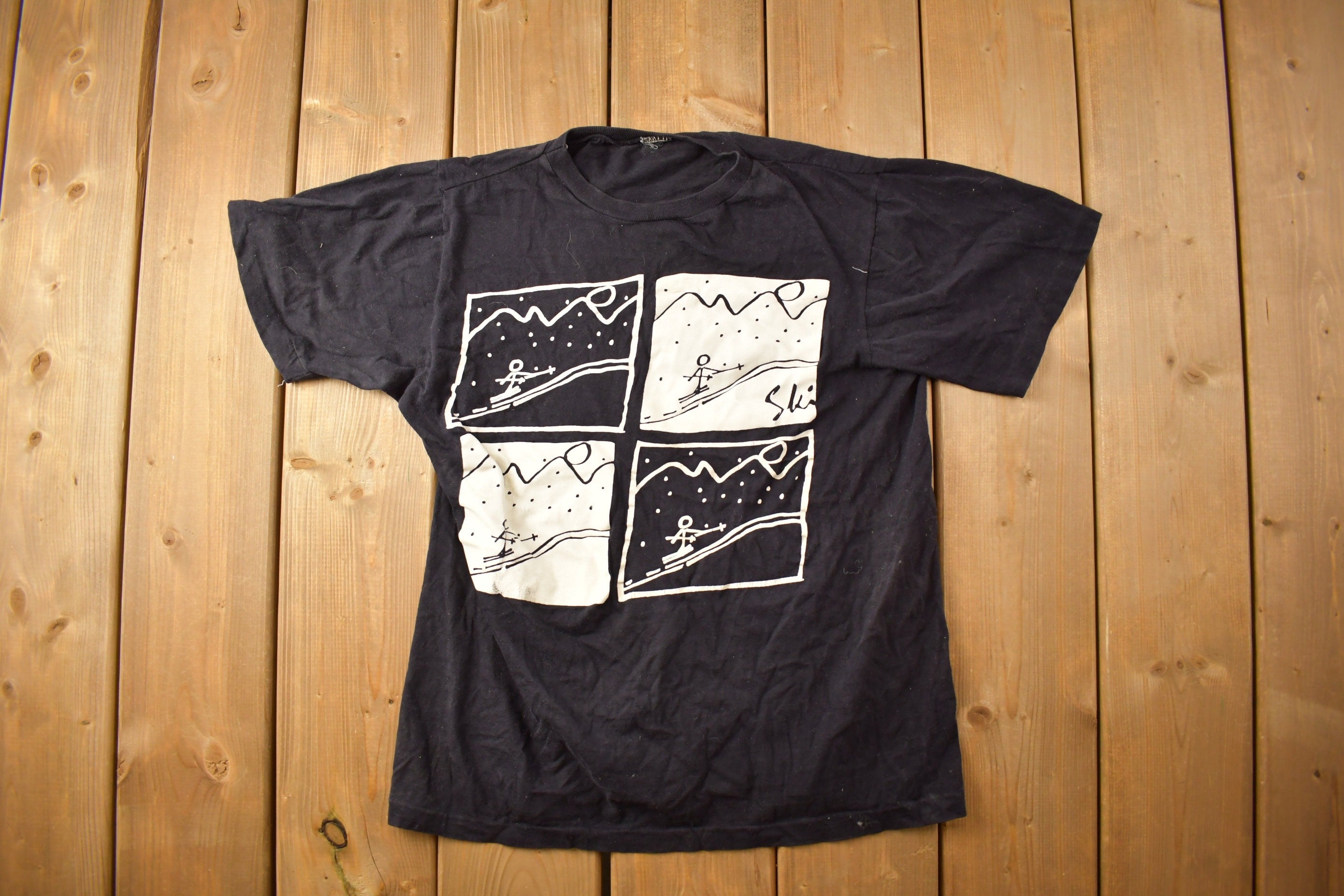 Vintage 1990s Stick Figure Skiing Graphic T Shirt