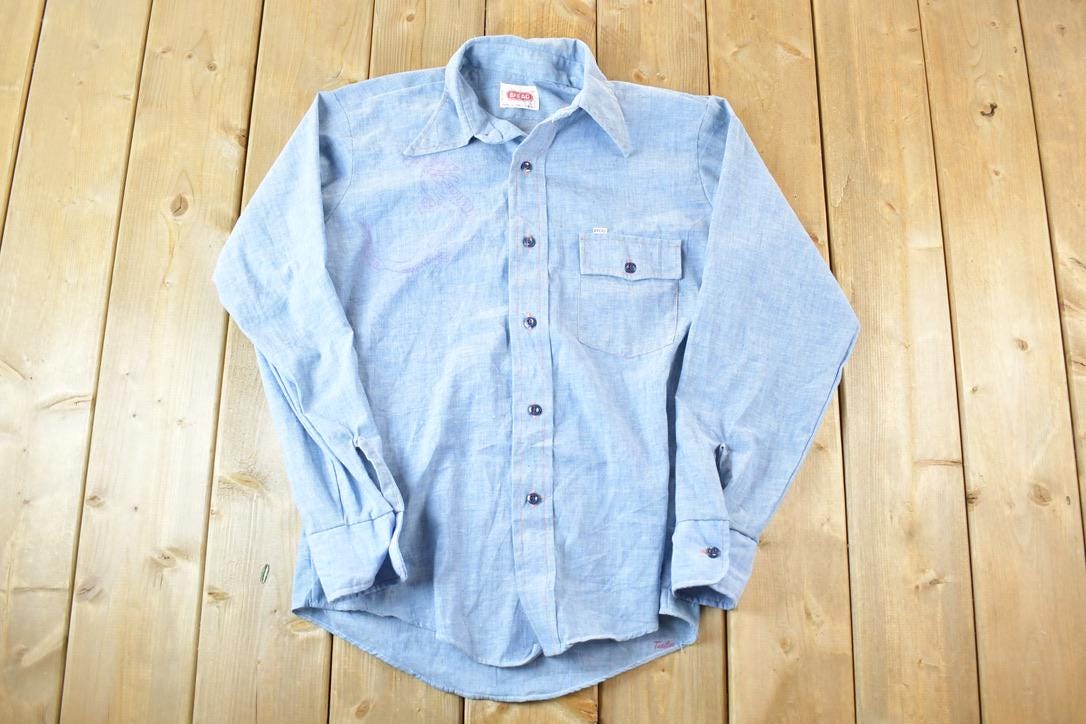 Vintage 1970s Lee Riders Go Rodeo Denim Bread Button Up Shirt Men's L