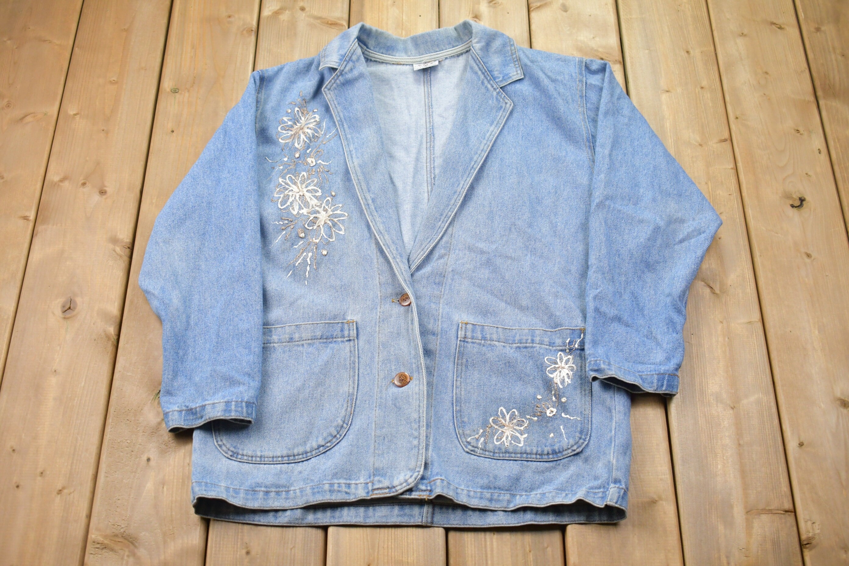 Vintage 1990s CMC Floral Embroidered Denim Blazer