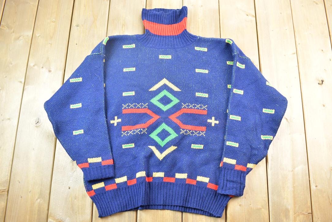 Vintage 1990s Alain Manoukian Knit Turtleneck Sweater / 90s Crewneck / Made In Italy / Preppy Abstract Pattern Sweater / Early 90s Knit