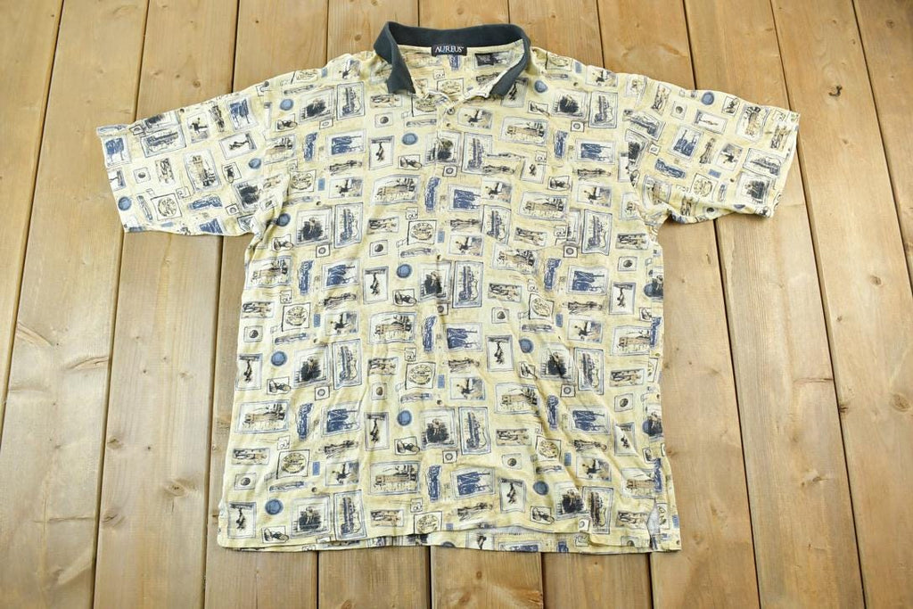 Vintage 1990s Aureus Golfing AOP Button Up Polo Shirt