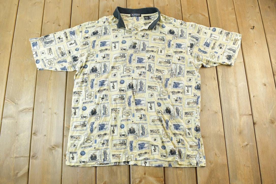 Vintage 1990s Aureus Golfing AOP Button Up Polo Shirt / Vintage Flannel / Plaid Button Up / Cowboy Shirt / Preppy Button Up