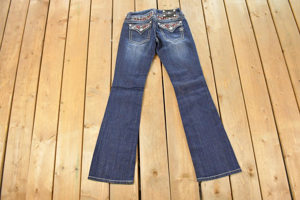Vintage Deadstock Y2K Miss Me Bedazzled Low Rise Jeans Women's Size 26x31 / Boot Cut Jeans / 2000's Embroidered Contrast Stitched Denim