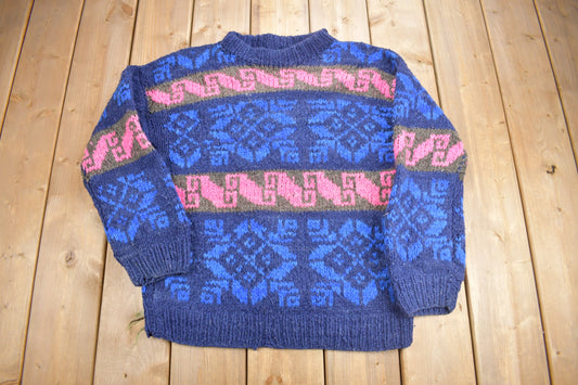 Vintage 1980s Hand Knit Striped Crewneck Sweater / Vintage Crewneck / All Over Pattern / Colourful Sweatshirt / Abstract Sweater