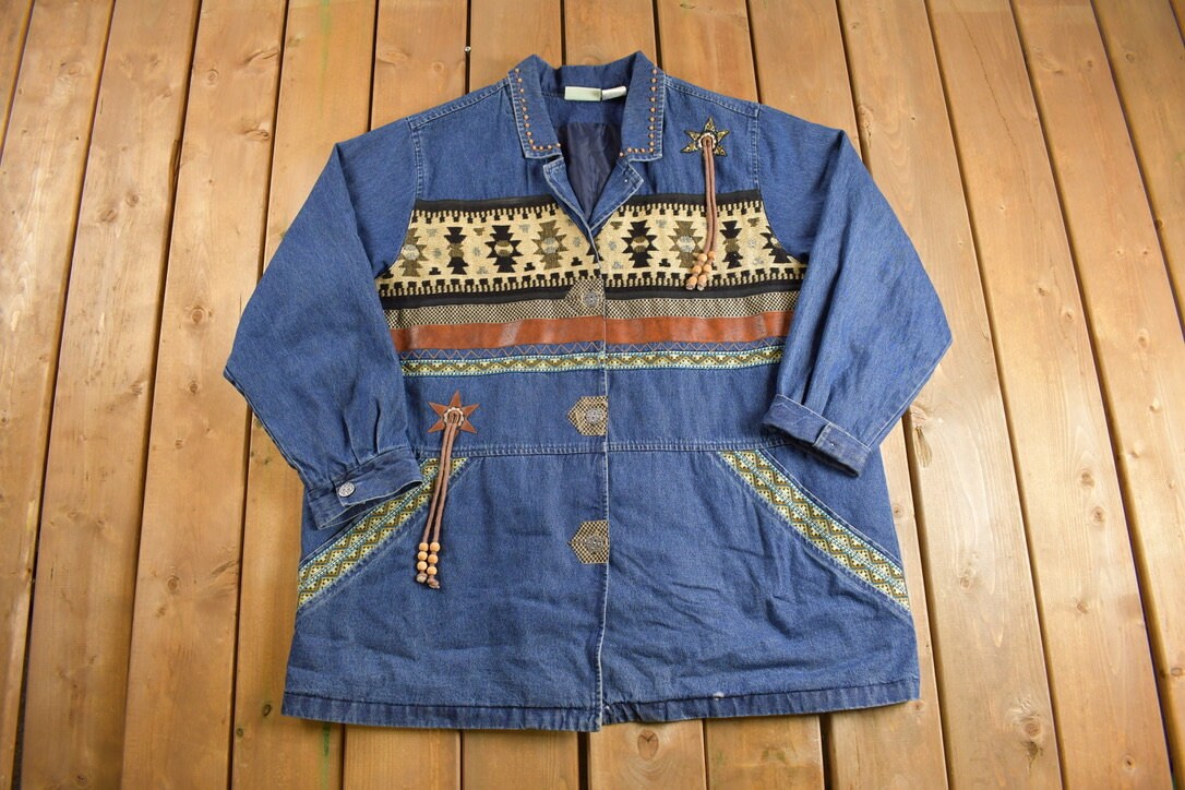 Vintage 1990s Aztec Western Denim Jean Jacket