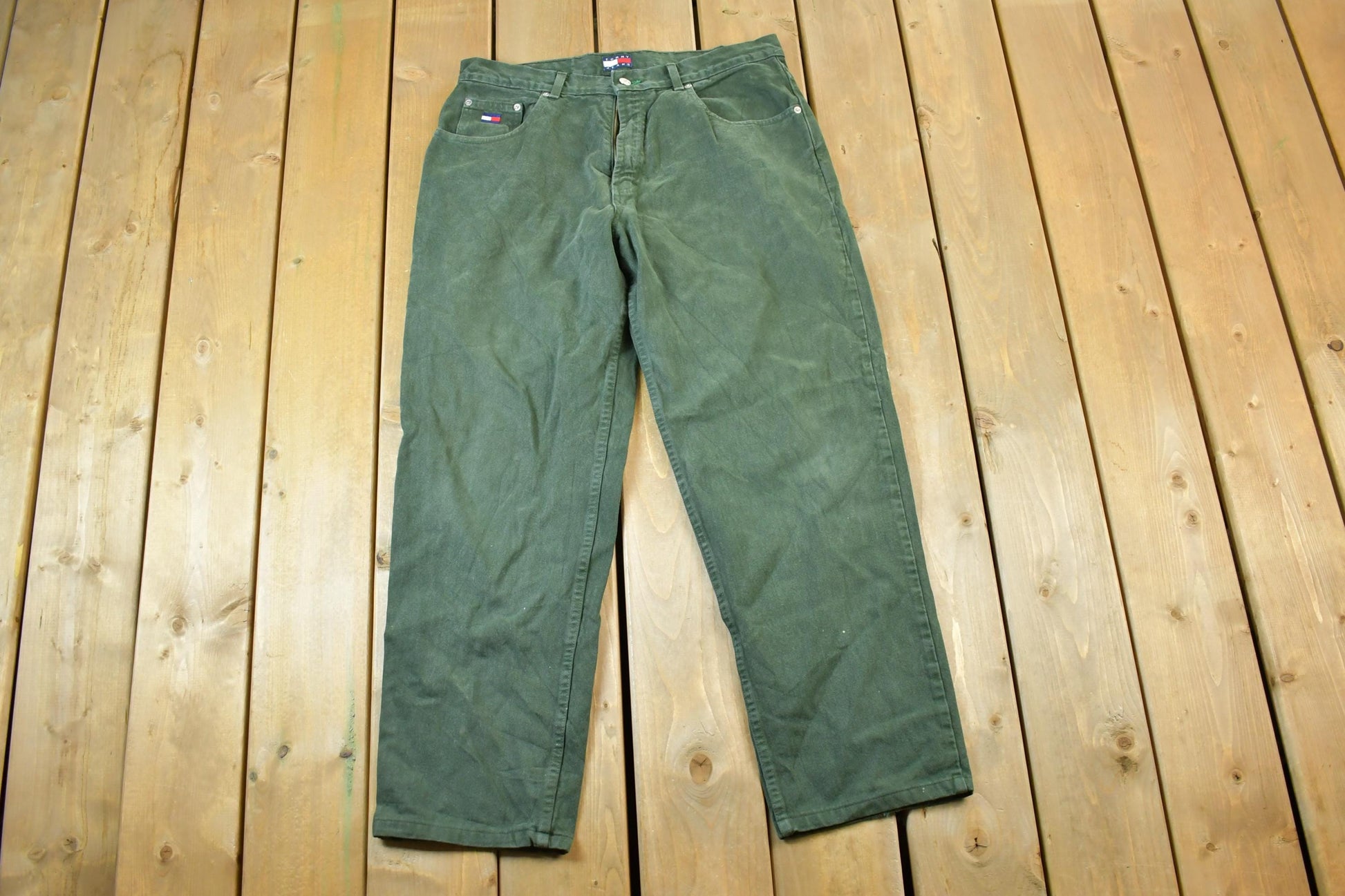 Vintage 1990s Tommy Hilfiger Tommy Jeans Olive Denim Jeans Size 36 x 28 Vintage Denim