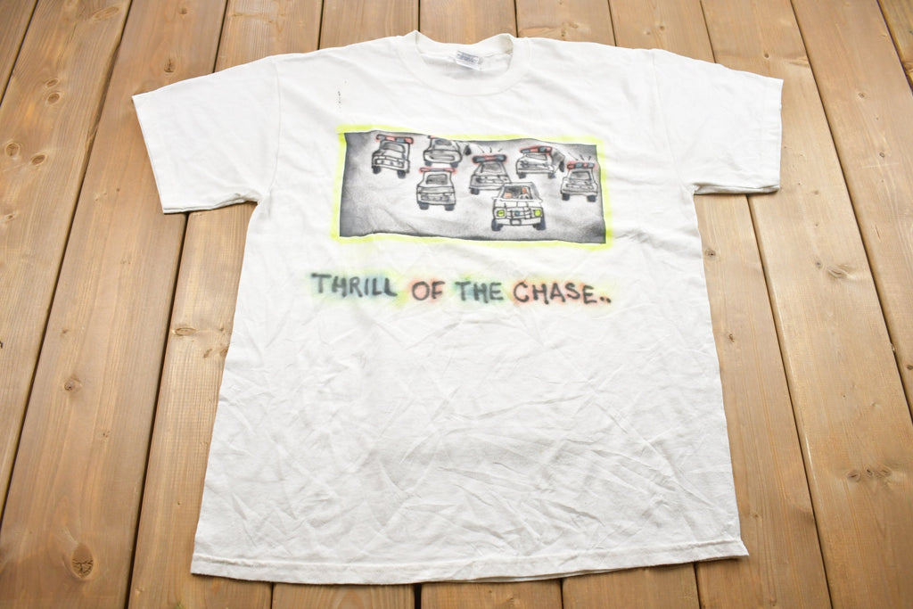 Vintage 1990s Thrill Of The Chase Police Cars Air Brush Graphic T-Shirt  Streetwear  Retro Style  1990s Graphic Tee  Size Extra Large