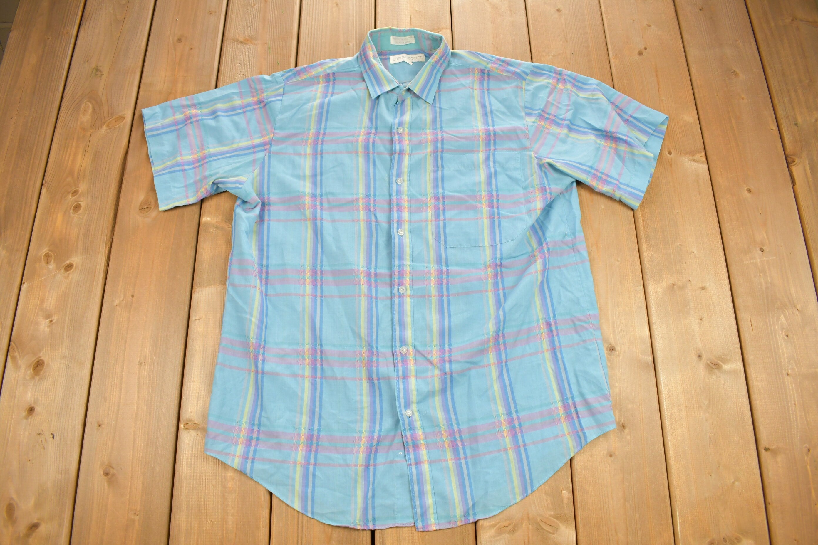 Vintage 1990s Lauren Scott Blue Plaid Short Sleeve Button Up Shirt / Short Sleeve Flannel / Casual Shirt / Formal Shirt / Essential