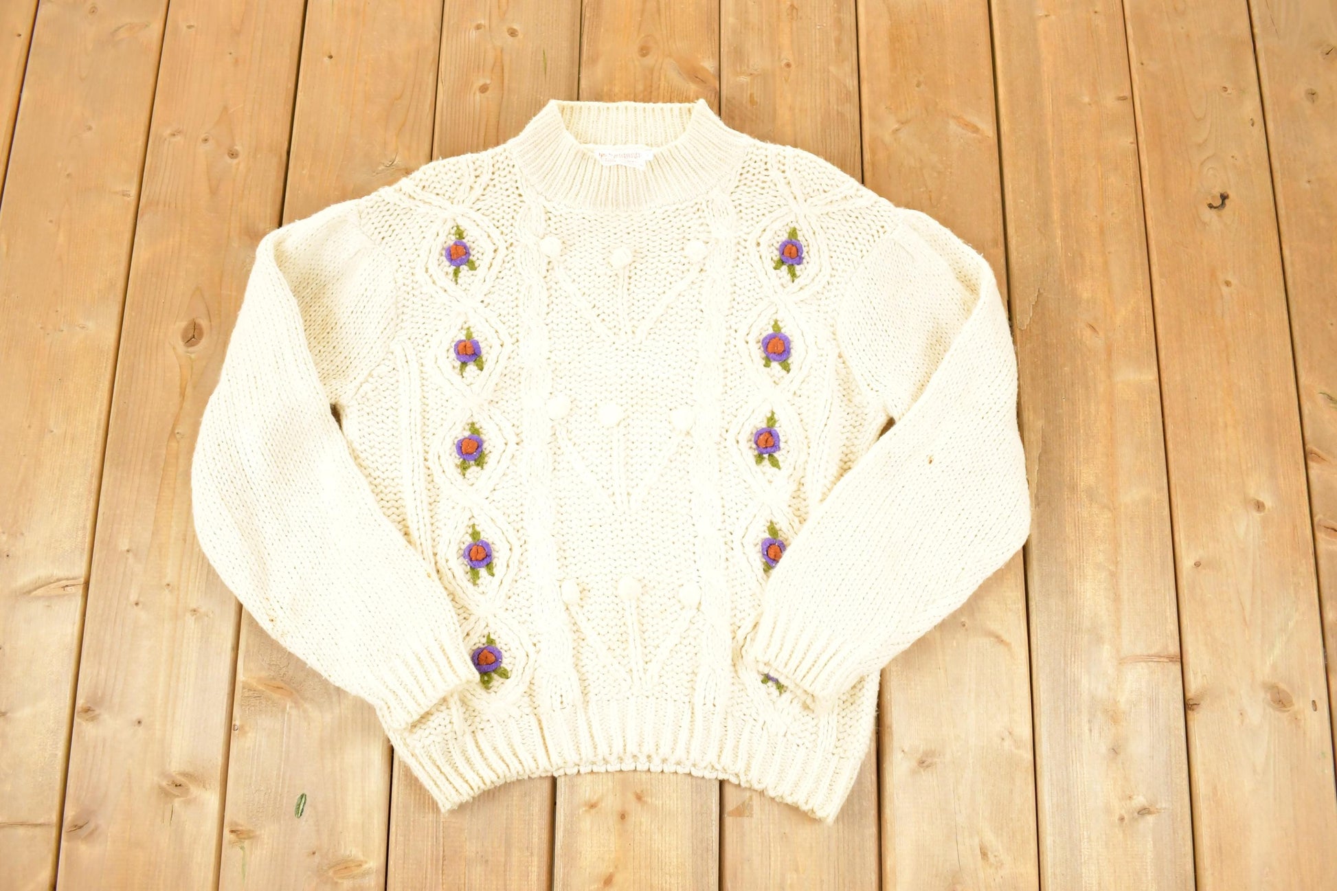 True Vintage 1970s Beldoch Popper Cable Knit Crewneck Sweater Women's L