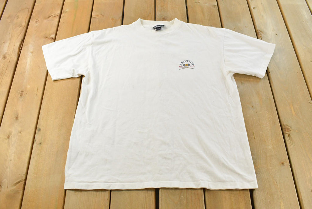 Vintage 1990s Nautica Rowing Oars Graphic T Shirt Men's L / Big Box Logo Print / 90s / Streetwear / Preppy / Made In USA / Single Stitch