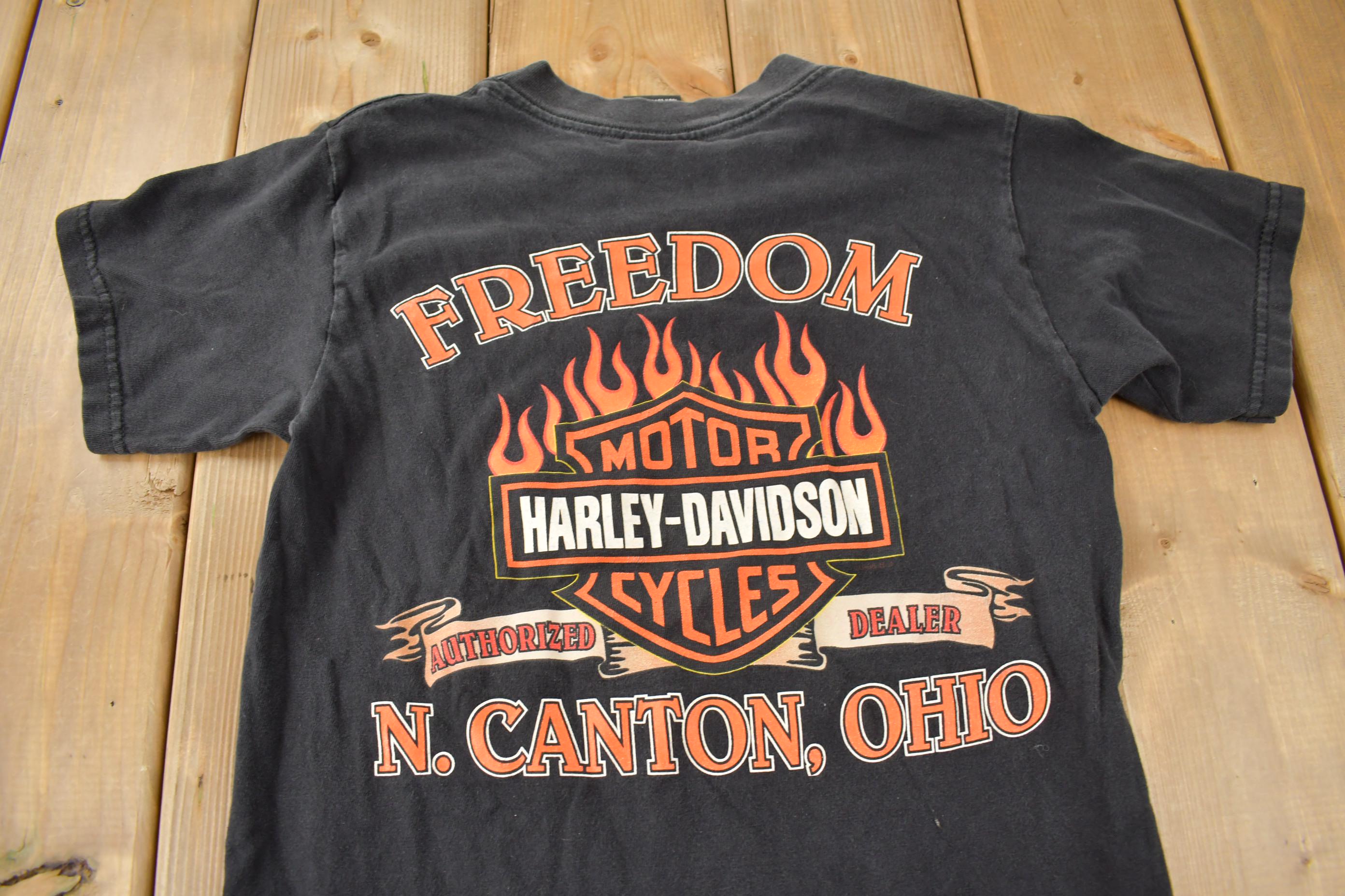 Vintage 2000 Harley Davidson Motorcycles N. Canton Ohio Freedom Graphic T-Shirt